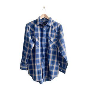 MWG Apparel Western Shirt Men's L Snap-Up Blue Gold Black Plaid Long-Sleeved